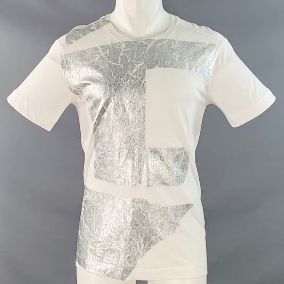 HELMUT LANG S White Silver Distressed Graphic Cotton Blend Crew Neck T-shirt - Picture 1 of 7
